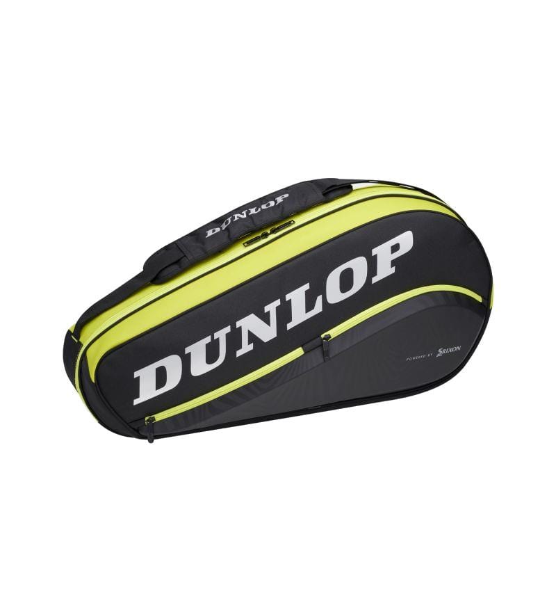 The Dunlop SX-Performance 3 Racket Thermo Bag, available in black and yellow, showcases bold white branding along the side. This stylish design includes a zippered thermo-insulated compartment and prominently features the "Dunlop" logo. It is equipped with a comfortable shoulder strap for easy carrying.