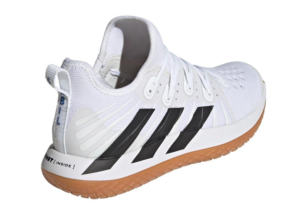 The adidas ADIDAS Stabil Next Gen Primeblue Men's Badminton Shoes, displayed from the back, showcase a cloud white woven fabric adorned with core black stripes and a gum-colored sole. Designed for ease of wear, these shoes come with textured laces and a heel loop. Featuring BOOST technology, they provide exceptional comfort during play on indoor courts.