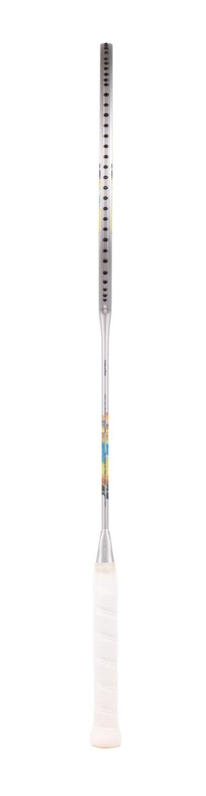 The Yonex Nanoflare 700 Tour 4U Badminton Racket, in a stylish Silver and Sky Blue color scheme, is crafted for advanced players. It features a slender design with a shiny metallic frame accented by vibrant multicolors, and a sleek white grip handle, elegantly presented upright against a plain white background.