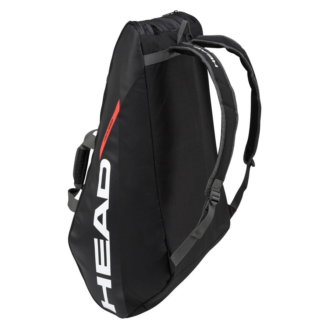 The HEAD Tour Team 12R Monstercombi badminton bag, available in black and orange, boasts adjustable shoulder straps and a sharp, angular design. Equipped with Climate Control Technology, this bag ensures that your gear remains protected in any weather conditions.