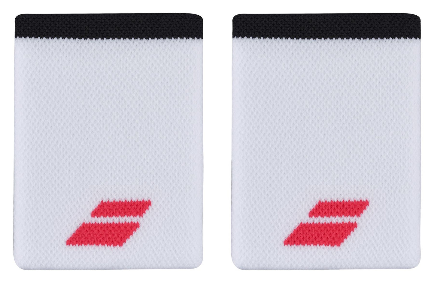 A pair of white wristbands with black tops, emblazoned with a red geometric logo. These Babolat Jumbo Logo Wristbands in White/Strike Red are designed to be soft and absorbent, offering the ideal comfortable sports accessory for fitness enthusiasts.