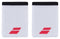 A pair of white wristbands with black tops, emblazoned with a red geometric logo. These Babolat Jumbo Logo Wristbands in White/Strike Red are designed to be soft and absorbent, offering the ideal comfortable sports accessory for fitness enthusiasts.