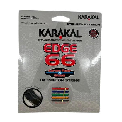 The packaging for the Karakal Edge 66 Badminton String - Black highlights "extreme power & control" enhanced by nano technology. It is 10m in length with a gauge of 0.66mm and prominently displays the Karakal brand logo, along with various color options.