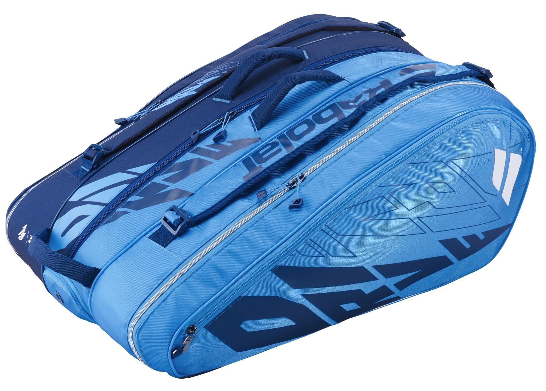 The Babolat RH12 Pure Drive 12 Racket Bag - Blue, by Babolat, is a blue tennis bag with zippers and multiple compartments. Boasting a sporty design with the brand's logo on the sides, this durable storage solution for sports equipment includes convenient handles for easy carrying and is designed to hold tennis rackets and gear.