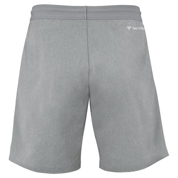 Rear view of silver athletic shorts with a subtle texture, featuring the Tecnifibre Men's Team Badminton Short logo on the upper right side. Engineered for optimal ventilation and elasticity, these shorts provide comfort during every play.