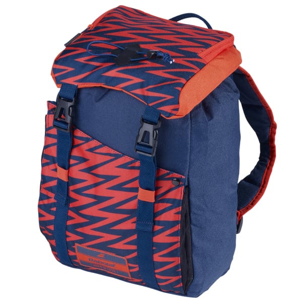 This Babolat Junior Classic Backpack by Babolat offers a sleek, sporty design ideal for aspiring champions. Made from recycled PET, it showcases a bright blue and red zigzag pattern on the flap and front pocket, secured with two blue buckle straps, along with an adjustable shoulder strap for added comfort.