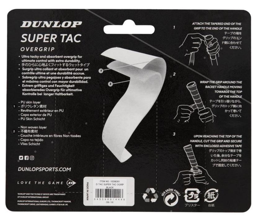 The Dunlop Super Tac Badminton Overgrip - 3 Pack in Black highlights its excellent sweat absorption and tacky feel. It provides an easy three-step guide for wrapping the overgrip on a racket handle, ensuring peak performance.