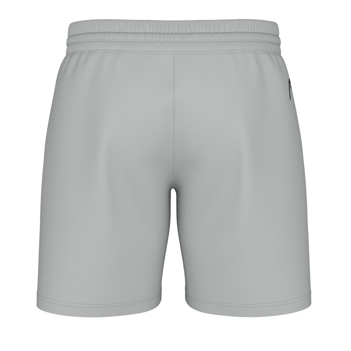 Back view of the HEAD Performance Men's Play Badminton Shorts in grey, featuring an elastic waistband and crafted from moisture-transfer microfiber. These shorts provide 4-way stretch and a sleek, minimalist design with no patterns or logos, along with a small zipper pocket on the right side.