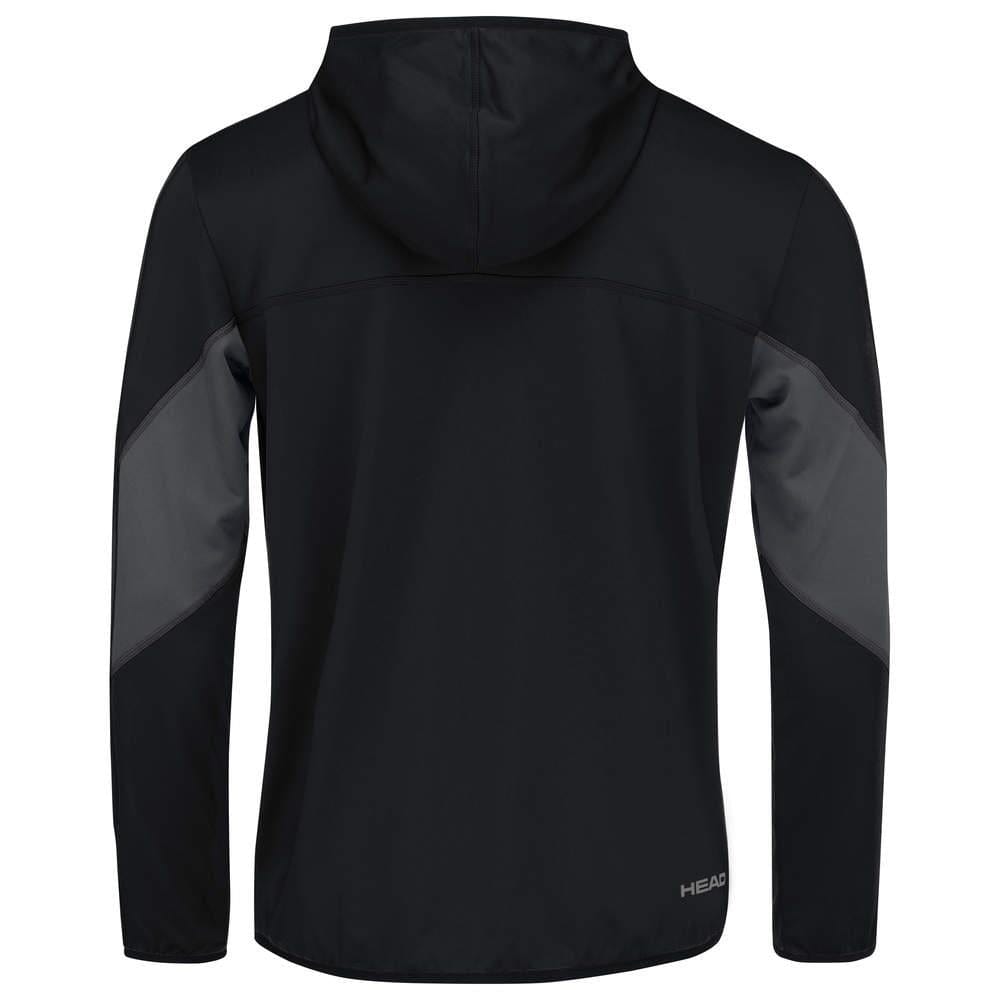 Back view of the HEAD Club 22 Mens Tech Hoodie - Black, showcasing gray panels on the sleeves, with the "HEAD" logo prominently displayed at the lower right corner. This hoodie incorporates Moisture Transfer Microfibre technology, offering a design that is both simple and sporty, ideal for various athletic activities.