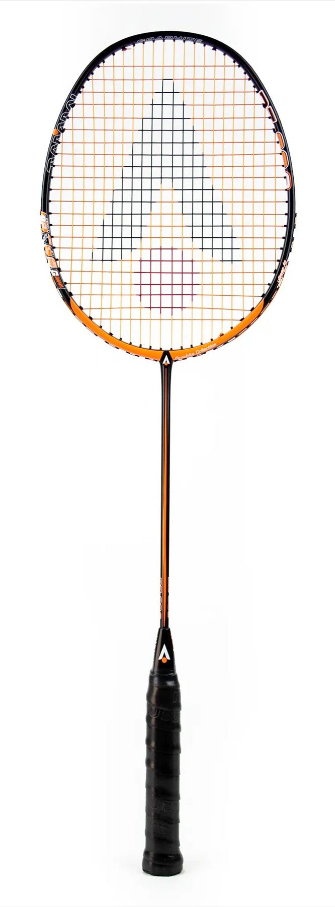 The Karakal BZ 30 2.1 badminton racket, crafted by the renowned brand Karakal, features a striking black and orange frame. It is designed with an isometric head to enhance performance, adorned with the brand's logo on the string bed and equipped with a sleek black handle wrapped for comfortable grip.