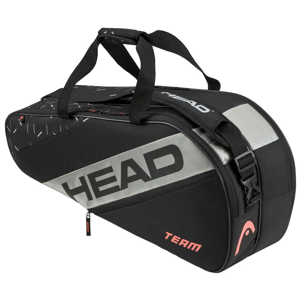 Introducing the HEAD Team 6 Racket Badminton Bag M - BKCC by HEAD, a sleek and modern badminton bag crafted from recycled materials. This black and gray bag is emblazoned with "HEAD" and "TEAM" logos, and features a convenient 2-way carry system, sturdy handles, and a zippered compartment – ideal for effortlessly transporting your badminton equipment.