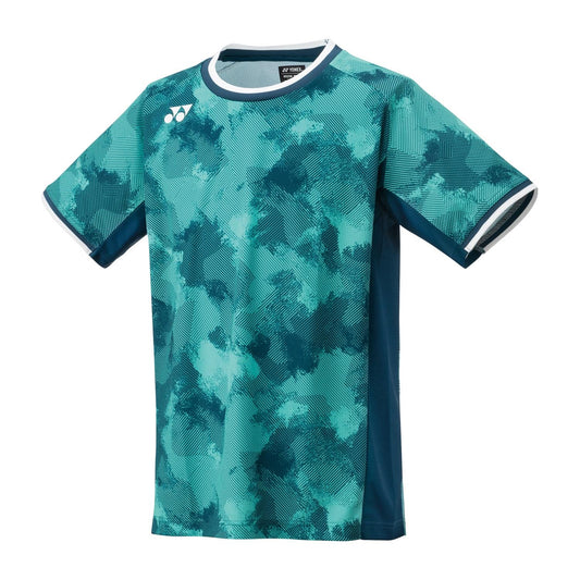 The Yonex 10575 Crew Neck Men's Badminton T-Shirt in Night Sky is a green and teal short-sleeved sports shirt adorned with a subtle abstract pattern, complemented by white trim around the collar and sleeves. It features VeryCool Dry technology to ensure comfort, while a small logo accents the left chest.