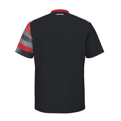 The rear look of the black HEAD Vision Topspin Men's Badminton T-Shirt - BKXV from HEAD features vibrant sleeves. The right sleeve is completely black, whereas the left one displays a pattern in red, gray, and black. Constructed with Moisture Transfer Microfiber technology for optimal comfort, "HEAD" is elegantly printed in white near the collar to complete its streamlined design.