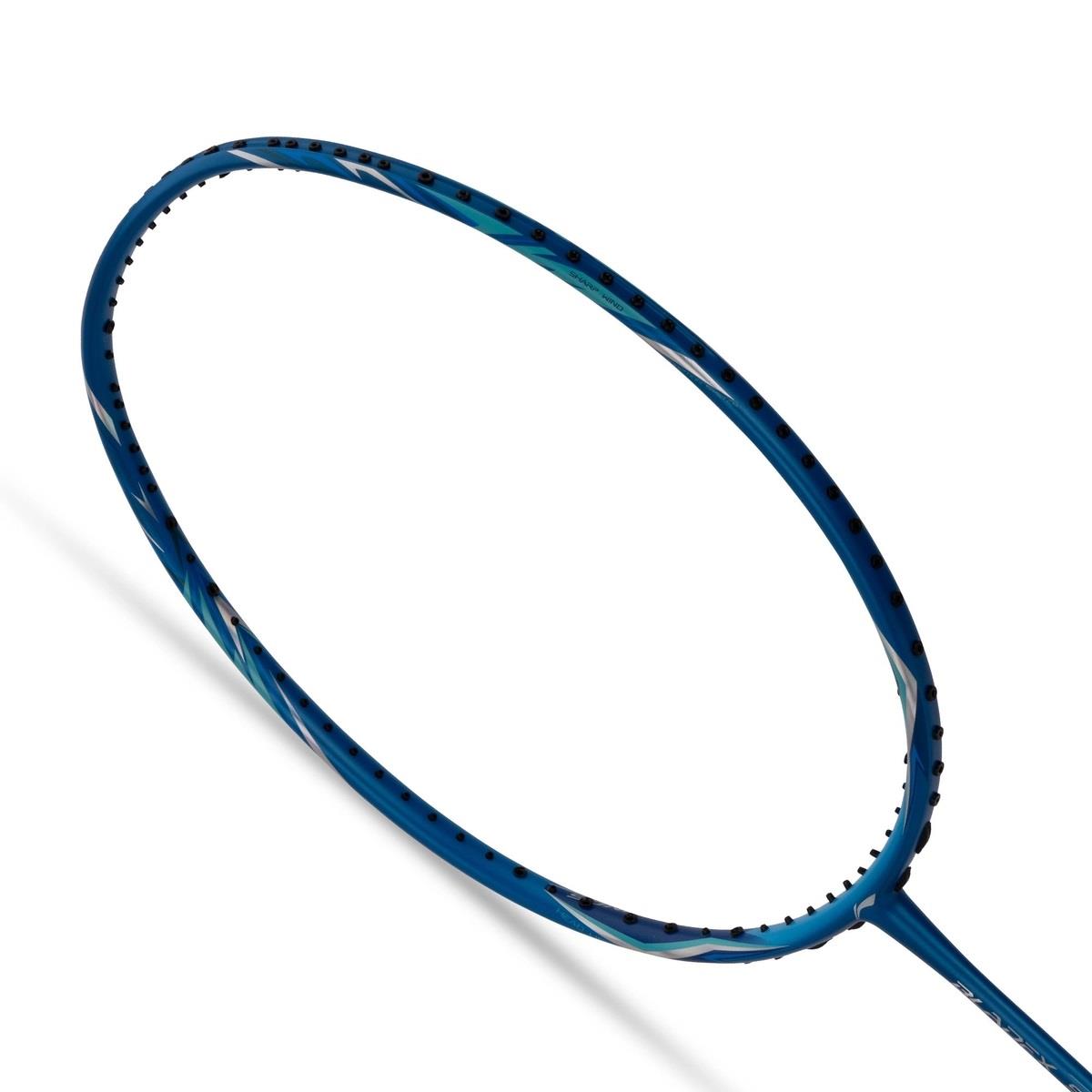 The Li-Ning BladeX Sonar 3U Badminton Racket in blue showcases a sleek frame design, perfect for intermediate players. The racket is accented with black grommets along the edge, while the strings are yet to be strung. Featuring a shock absorption system, it's highlighted against a plain white background.