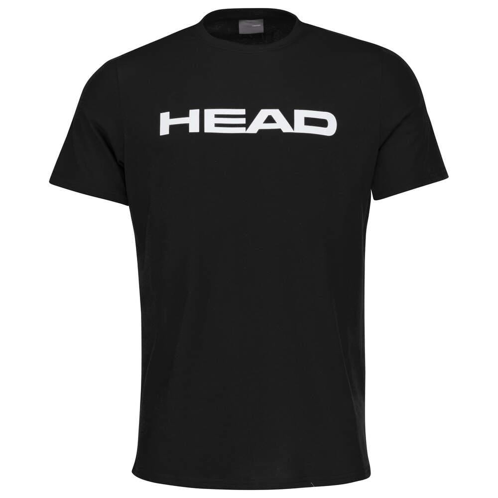 The HEAD Club Basic Men's Badminton T-Shirt in black is made from a blend of polyester and cotton, showcasing "HEAD" prominently in bold white letters on the chest. This shirt is designed with a classic crew neck and short sleeves.