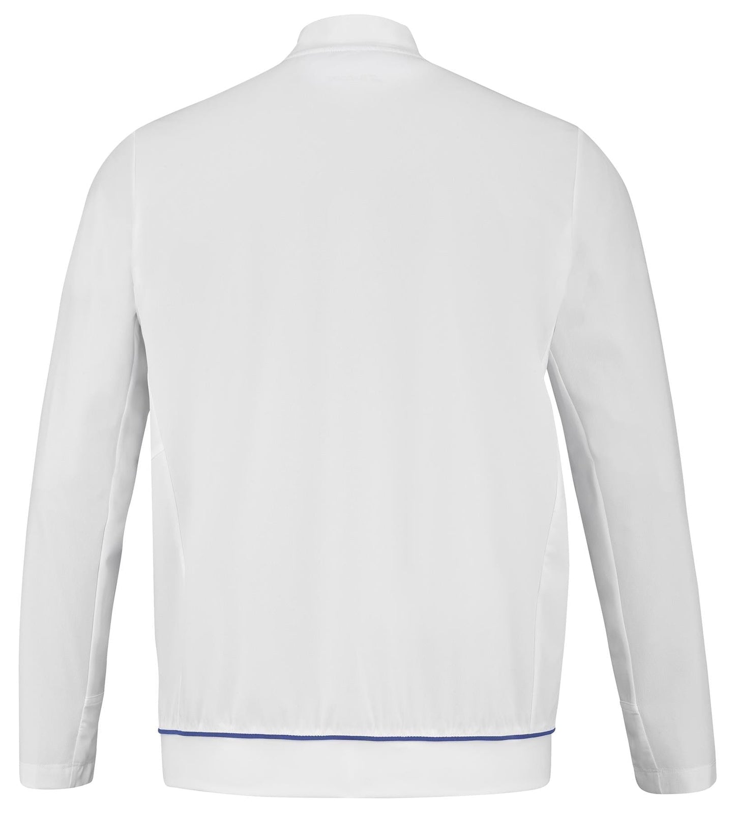 The back view of the Babolat Play Men's Badminton Jacket - White showcases a plain white design with a collar. Made by Babolat with Fiber Dry polyester, this jacket offers stretchable fabrics and features a subtle blue trim at the bottom hem, seamlessly merging simplicity with comfort and style.