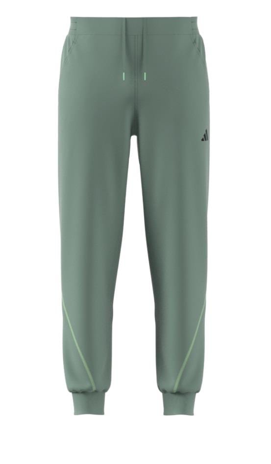 The ADIDAS Melbourne Mens Pro Badminton Pants in green, by adidas, showcase a minimalist design highlighted with a small black logo on the upper left side. With ankle cuffs and subtle stitching below the knee, these pants are ideal for an active lifestyle.