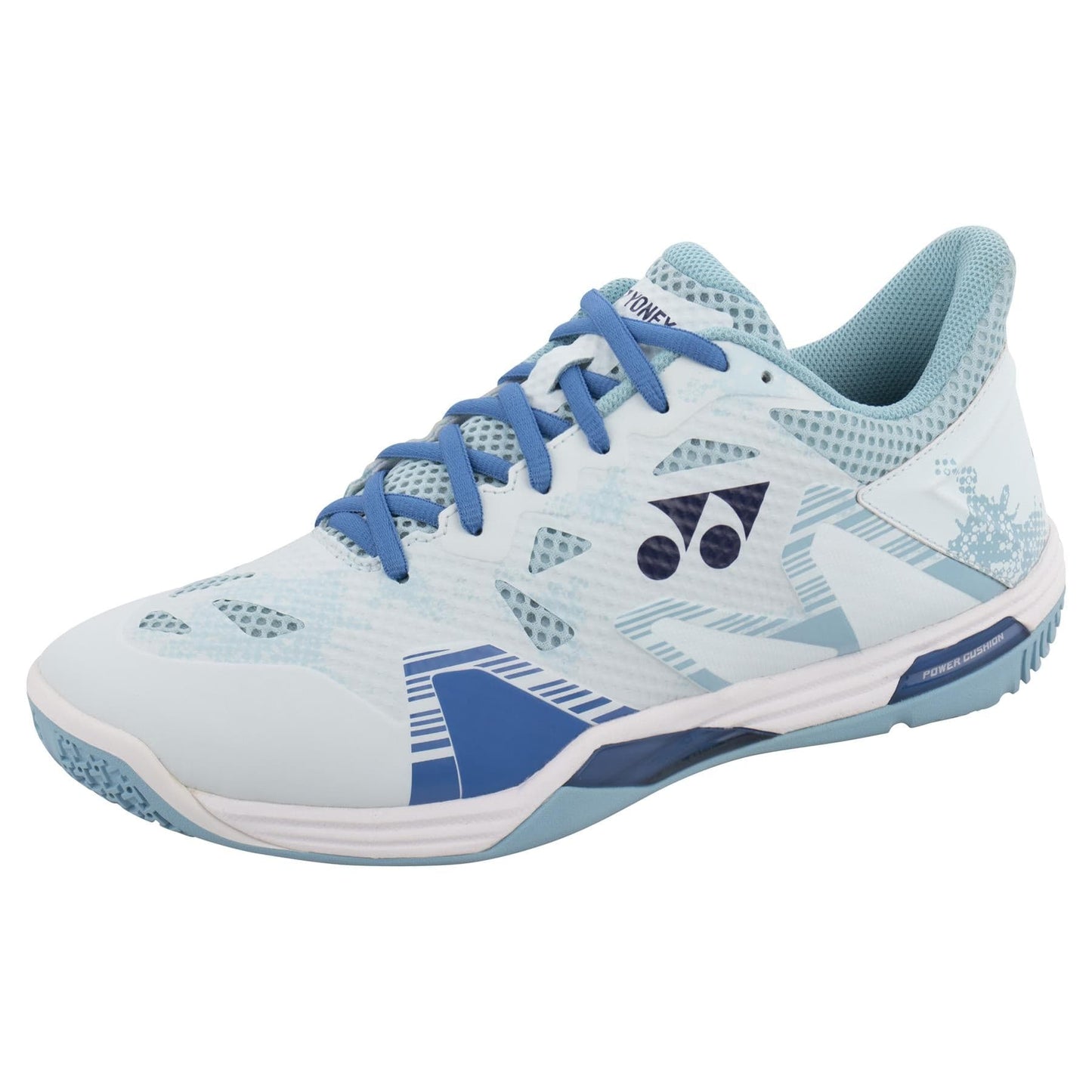 The Yonex Power Cushion Eclipsion Z3 Wide Men's Badminton Shoes in light blue feature dark blue accents and logo designs, drawing inspiration from Yonex's Power Cushion technology. They include a breathable mesh upper, a textured sole for superior grip, and a lace-up closure. The sleek design offers enhanced stability, making these shoes perfect for athletic activities.