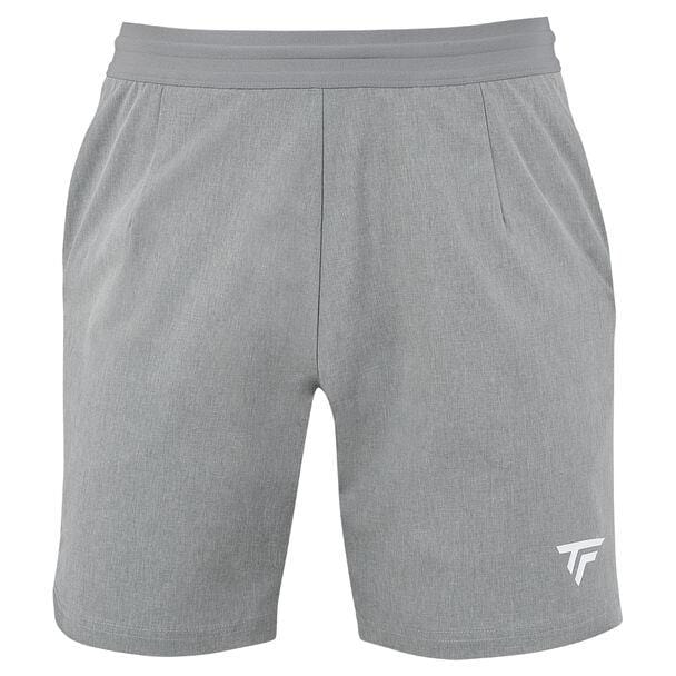 Introducing the Tecnifibre Men's Team Badminton Short in silver: athletic shorts designed with a subtle textured pattern and improved ventilation. Featuring an elastic waistband, two side pockets, and a discreet white logo on the lower left side, these shorts perfectly blend style and functionality for your active lifestyle.