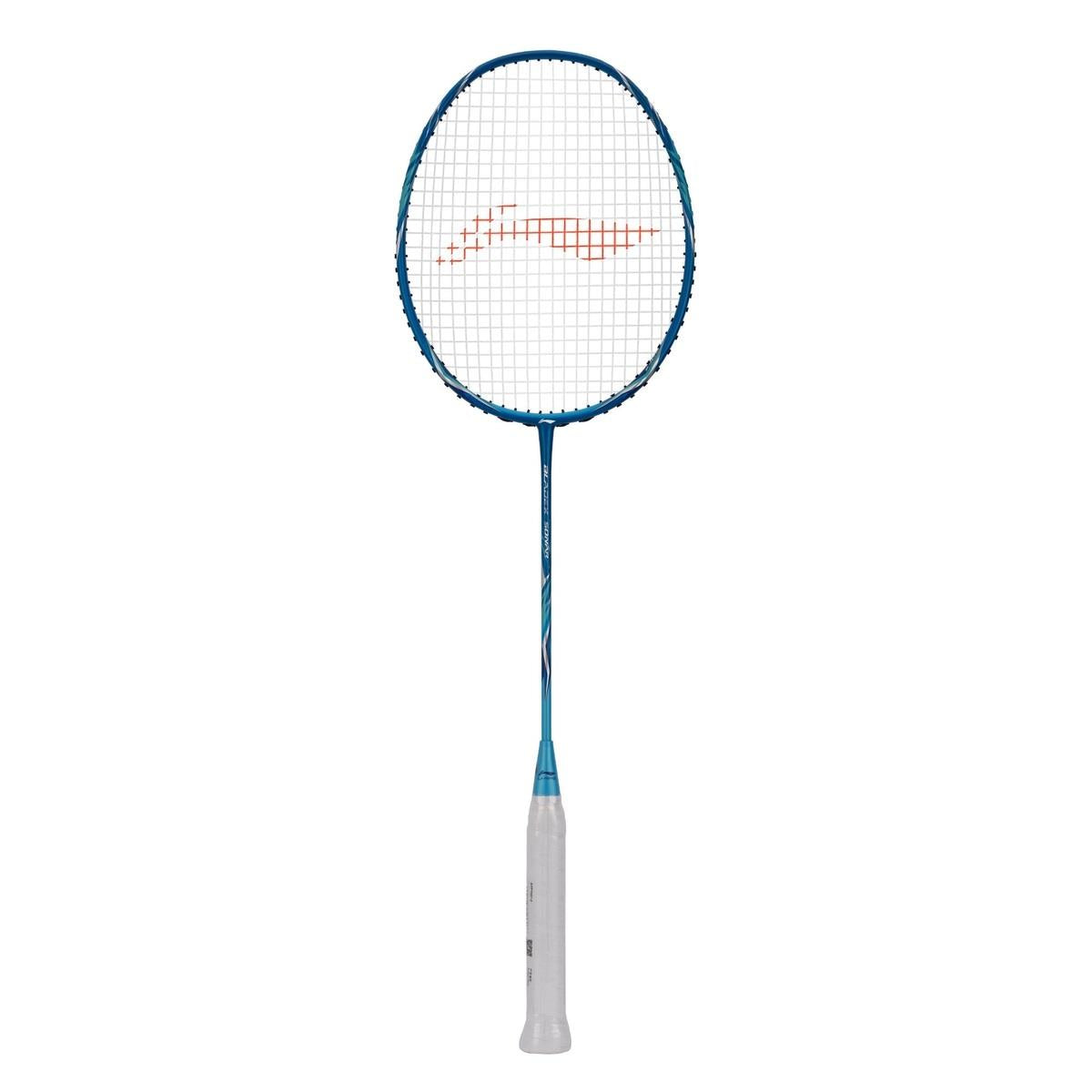 The Li-Ning BladeX Sonar 3U Badminton Racket - Blue, crafted by Li-Ning for intermediate players, showcases orange stringing that forms a logo on its head and includes a white handle. This racket features a shock absorption system and is displayed against a white background.