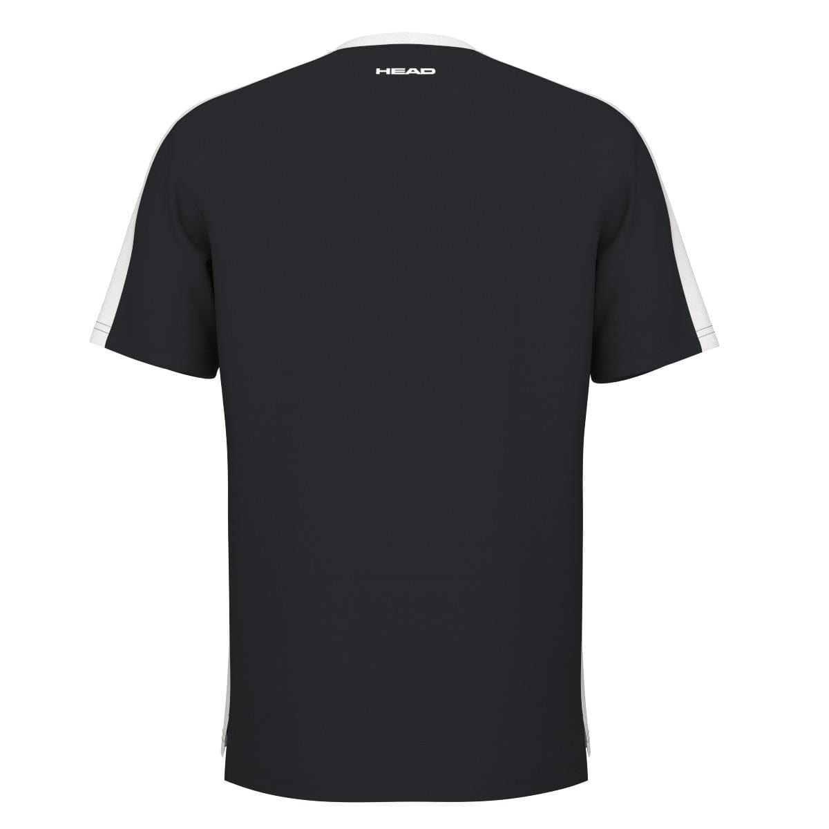 A rear view of the HEAD Vision Slice Men's Badminton T-Shirt, featuring breathable fabric with white stripes on the shoulders and sleeves. The brand name "HEAD" is printed in white at the top center of the back, incorporating Moisture Transfer Microfiber technology for superior comfort.