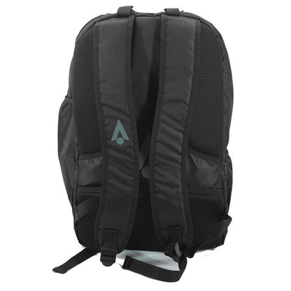 The Karakal Pro Tour 30 2.1 Badminton Backpack in Black/White is elegantly showcased from the back, highlighting its padded shoulder straps and a practical small side pocket. The Karakal logo embellishes one strap, adding a touch of style to this versatile backpack, which also features a convenient wet/dry compartment.