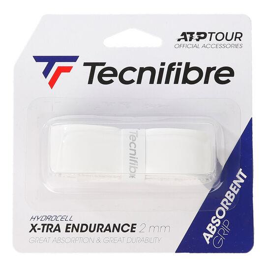 The packaging of the Tecnifibre X-Tra Endurance Replacement Badminton Grip highlights its Hydrocell technology and 2mm absorbent design. This white grip is renowned for its superior absorption and durability, making it a dependable option for players aiming for outstanding performance.