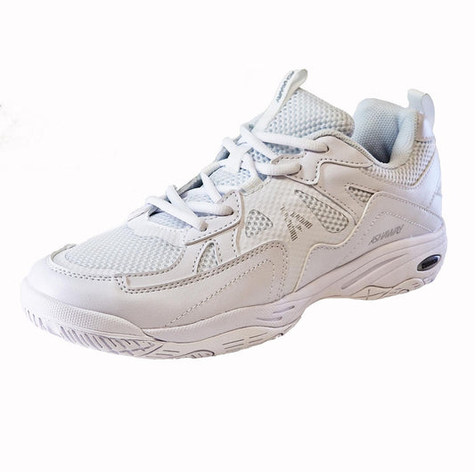 Introducing the Ashaway Pure Glide Badminton Shoes in white, designed with an athletic lace-up design and featuring a mesh and synthetic overlay. These shoes are equipped with Neothene-X sole technology and a textured tread for superior grip, perfect for advanced badminton players or casual outings.