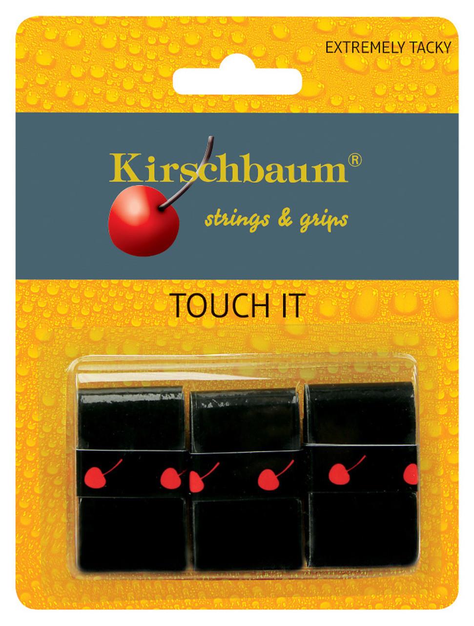 The packaging for the Kirschbaum Touch It Badminton Overgrip 3 Pack - Black features a yellow background with water droplets, highlighting its durability and absorption qualities. The phrase "Extremely Tacky" is prominently displayed in the top right corner, and the product is showcased within six black squares, each featuring a red cherry logo.