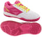 Explore the Yonex Power Cushion Strider Ray Women's Badminton Shoes, featuring a stylish white and pink design. The upper showcases a pristine white with pink accents, highlighted by yellow laces and adorned with the iconic Yonex logo. Enhanced support is provided by its Power Cushion technology, while the Radial Blade Sole delivers a fully pink, textured grip for added flair.