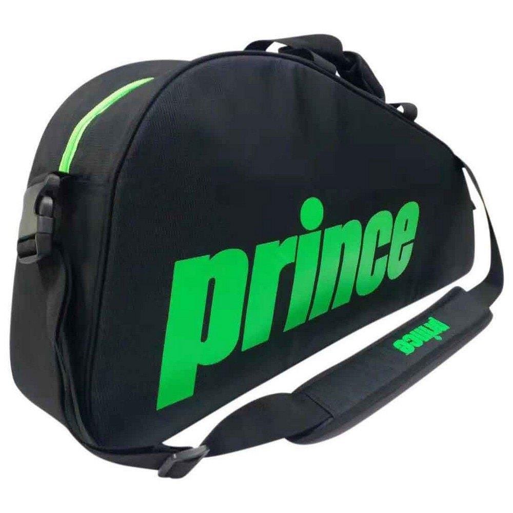 Introducing the Prince Thermo 3 Racket Bag in black and green, showcasing a bold green "Prince" logo, complete with an adjustable shoulder strap and a curved design, ideal for transporting your tennis racquets and accessories.