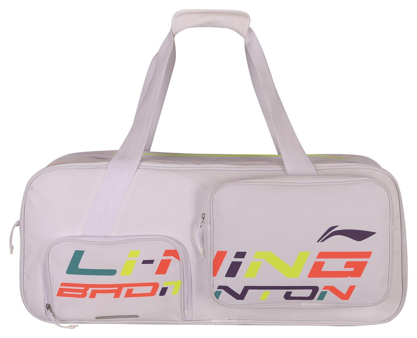 The Li-Ning Square Badminton Bag in white features two spacious zippered compartments, one specifically for shoes. Its side showcases the "LI-NING BADMINTON" logo in vibrant colors, and it includes two white top handles for convenient carrying.