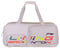 The Li-Ning Square Badminton Bag in white features two spacious zippered compartments, one specifically for shoes. Its side showcases the "LI-NING BADMINTON" logo in vibrant colors, and it includes two white top handles for convenient carrying.