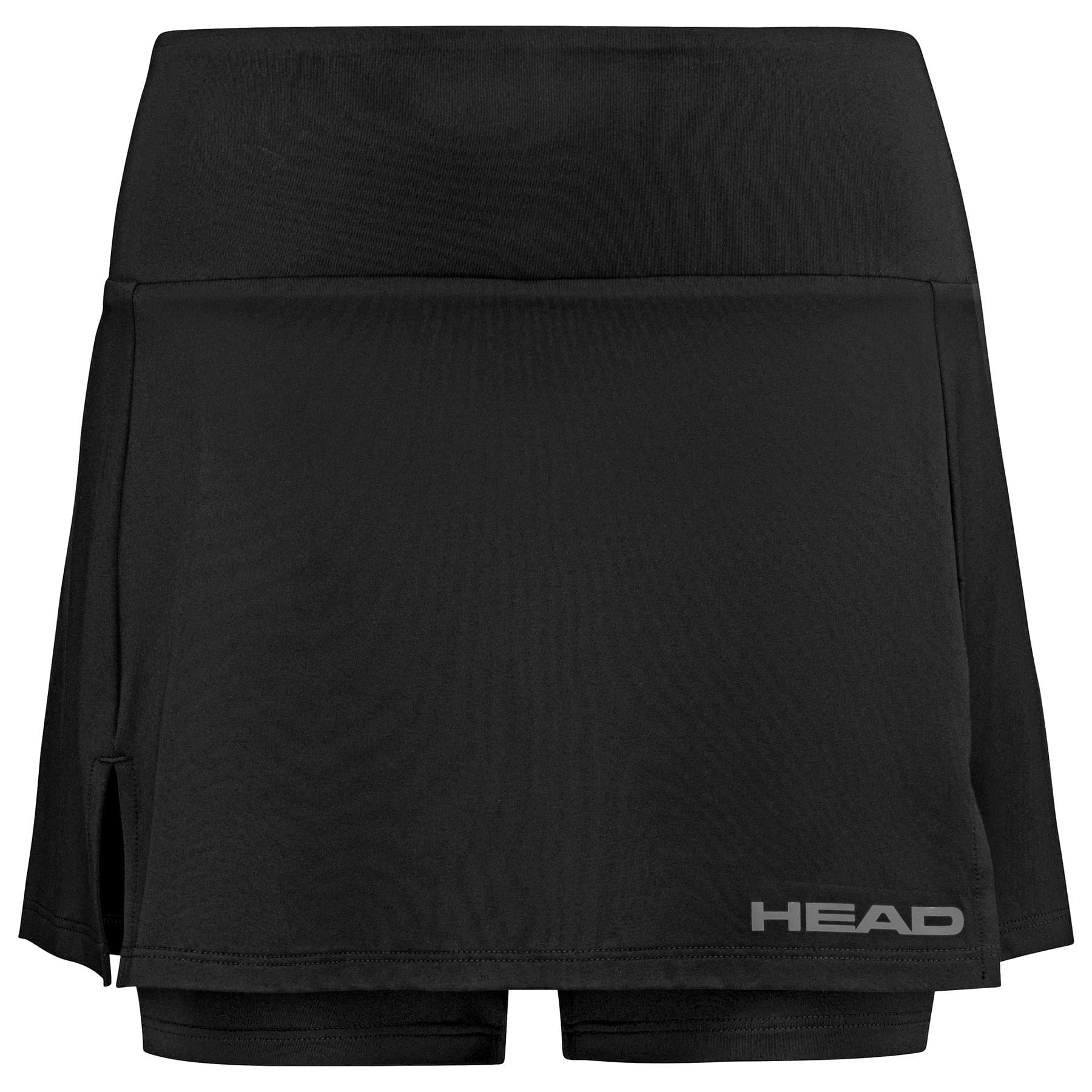 Introducing the HEAD Womens Club Basic Badminton Skort in black, designed with a small side slit and built-in shorts for added convenience. This skort incorporates Moisture Transfer Microfibre Technology to ensure maximum comfort during play. The brand name "HEAD" is elegantly printed in gray on the lower right side, making it an ideal choice for any active badminton enthusiast.