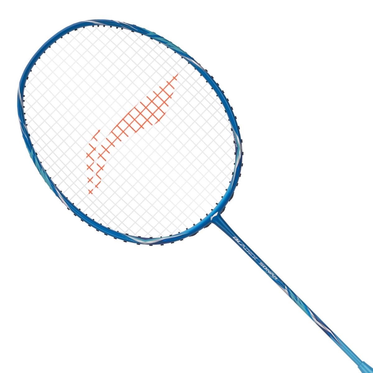 The Li-Ning BladeX Sonar 3U Badminton Racket - Blue is ideal for intermediate players, featuring a white mesh and an orange logo centrally positioned. The long, slender handle complements its blue frame, and it includes a shock absorption system to enhance performance. The racket is displayed against a white background.