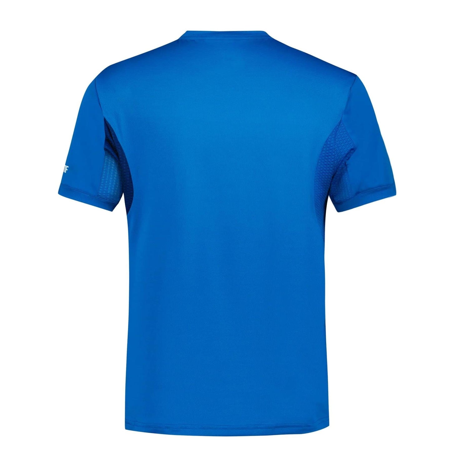 The Le Coq Sportif Pro Men's Badminton T-Shirt in Lapis Blue is designed with a plain blue back and short sleeves. Made from breathable polyester, it includes mesh side panels to enhance ventilation and ensure fluid movement.