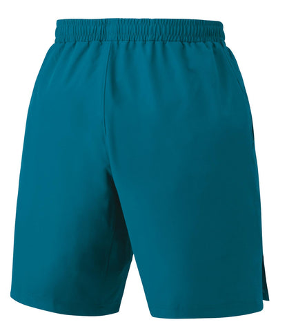 The Yonex 15161EX Men's Badminton Shorts in blue-green feature cooling material, an elastic waistband, and side pockets. Ideal for the court, they offer UV protection and are showcased against a plain white background.