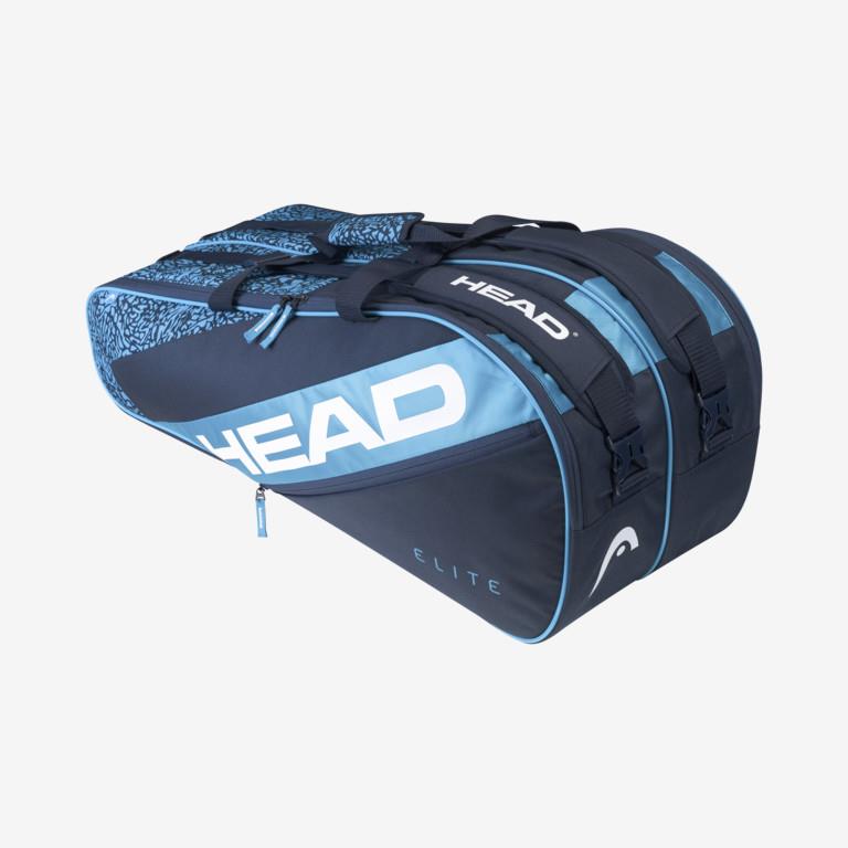 The HEAD Elite 9R Racket Bag in Blue Navy is a spacious and durable accessory branded with the "HEAD" logo. It features multiple zippered compartments and two shoulder straps, making it perfect for carrying all your tennis equipment.