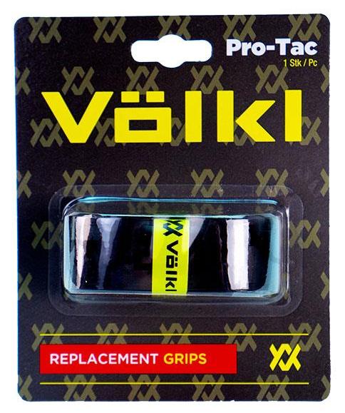 Packaging for a Volkl Pro Tac Replacement Badminton Grip - Black, showcasing its extra tacky feel. The black grip with the yellow Volkl logo is presented in elegant packaging displaying the brand's name and logo against a black backdrop. A bold red box highlights "Replacement Grip" for easy identification.