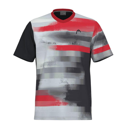 The HEAD Vision Topspin Mens Badminton T-Shirt - BKXV from HEAD features a contemporary abstract pattern with horizontal stripes in red, gray, black, and white. Made from moisture-transfer microfiber, it offers a stylish look with its red collar, black sleeves, and a subtle chest logo.