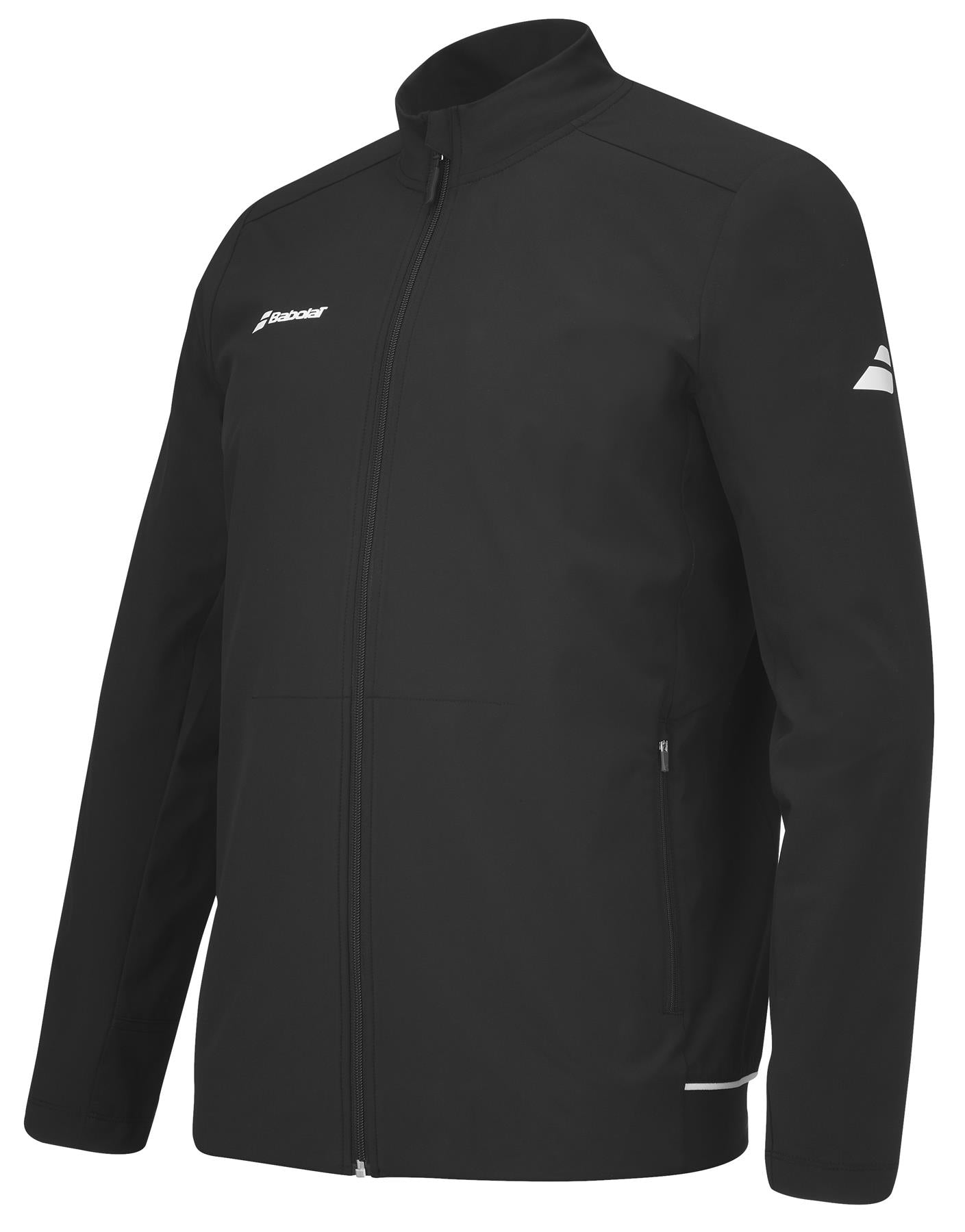 Introducing the Babolat Play Men's Badminton Jacket in Black by Babolat. This jacket features a minimalist, athletic design with long sleeves and a full front zipper. Made from recycled polyester, it includes Fiber Dry technology for enhanced comfort. The jacket showcases white logos on the left chest and right sleeve, complemented by functional zippered pockets on both sides.