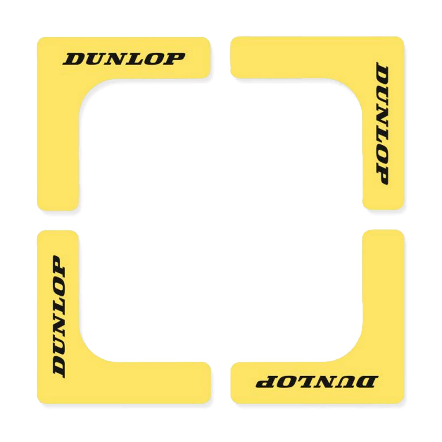 Arranged to form a square with an open center, these corner protectors come as four yellow pieces with black "Dunlop" text, crafted from non-slip rubber.