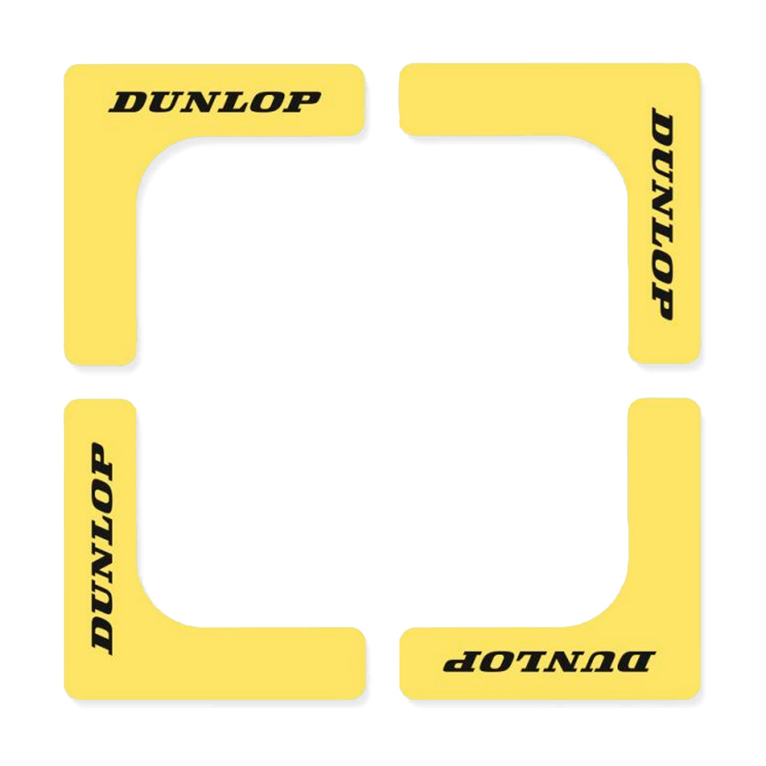 Arranged to form a square with an open center, these corner protectors come as four yellow pieces with black "Dunlop" text, crafted from non-slip rubber.