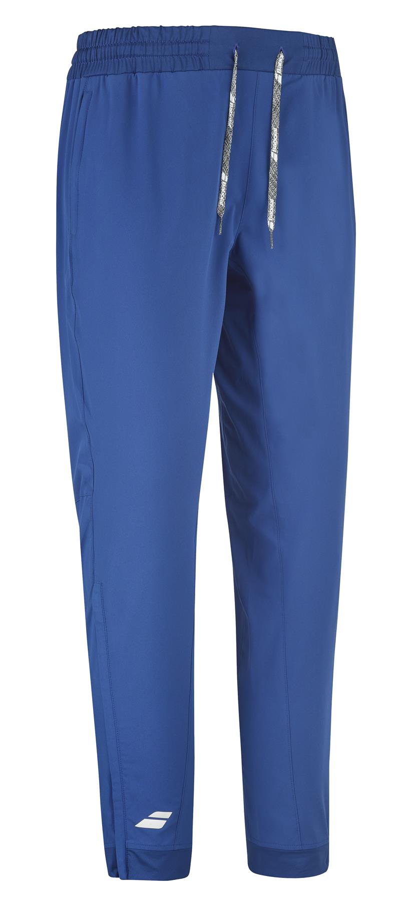 These Babolat Play men's badminton pants in sodalite blue are perfect for badminton enthusiasts, featuring an elastic waistband and grey drawstrings. Crafted from smooth, fiber dry fabric, they are ideal for both sports and casual wear. A small white Babolat logo is located near the bottom of the left leg.