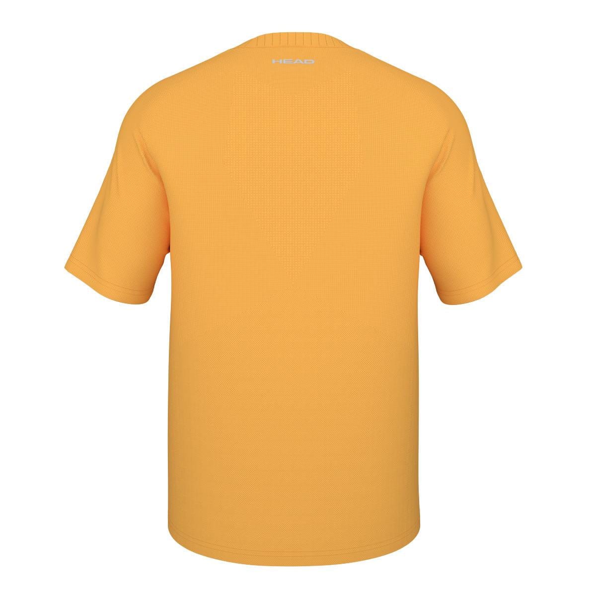 Introducing the HEAD Performance Men's Badminton T-Shirt - XPBN: a high-performance orange T-shirt with short sleeves, designed in polyester jacquard for enhanced comfort. The back view reveals a small logo near the collar, adding a subtle brand touch to its simple and casual style, perfect for any setting.