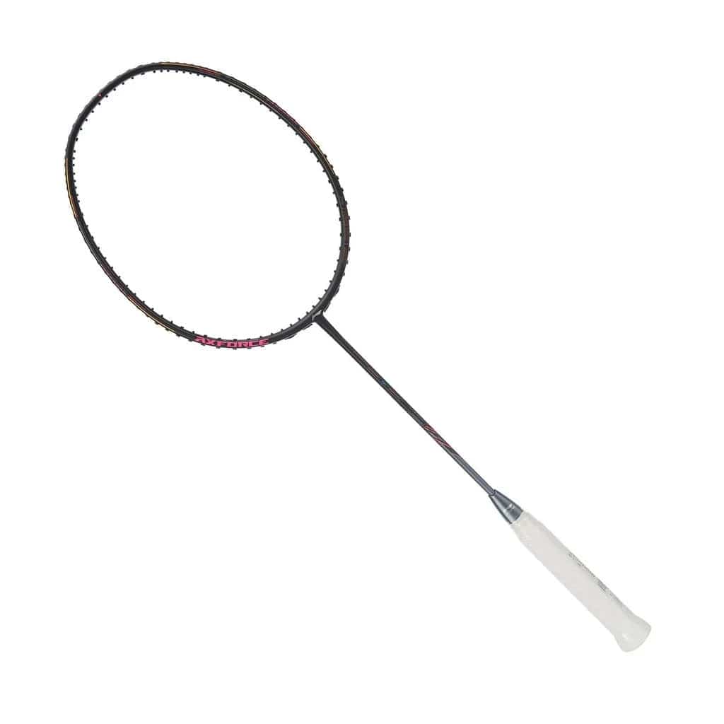 The Li-Ning Axforce 80 4U badminton racket, featuring a stylish black frame with metallic silver highlights and a white grip, is beautifully presented against a simple white background.