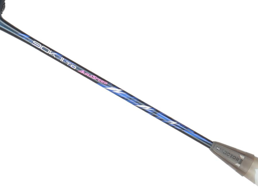 Close-up of the Victor Auraspeed 90K II TD 3U badminton racket shaft, showcasing a design with midnight blue and black stripes alongside the text "Victor" and "Auraspeed." Featuring Dynamic Sword technology, this racket also boasts a tapered T-joint connecting to the handle.