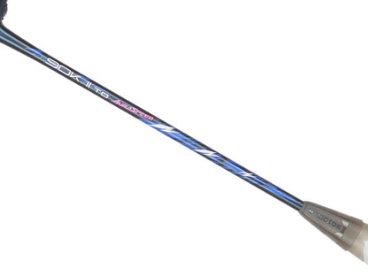 Close-up of the Victor Auraspeed 90K II TD 3U badminton racket shaft, showcasing a design with midnight blue and black stripes alongside the text "Victor" and "Auraspeed." Featuring Dynamic Sword technology, this racket also boasts a tapered T-joint connecting to the handle.