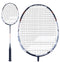 A close-up and full-length view of the Babolat I-Pulse Power Badminton Racket in grey showcases its sleek design, with a black handle and white strings. Featuring blue and black accents, this racket is engineered for all-round players aiming for maximum power through its Optimum Kickpoint technology, delivering superior performance on the court.