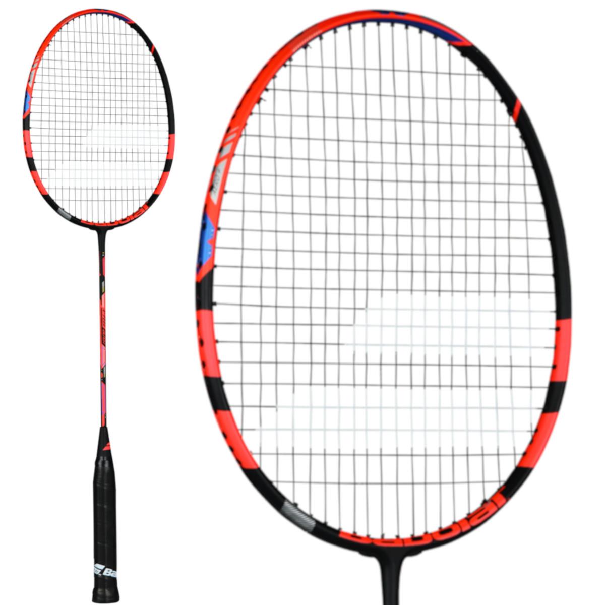 The Babolat X-Feel Blast Badminton Racket in red, from the brand Babolat, is showcased in two perspectives: a close-up of its head and an overall view of the entire racket. The design incorporates a black handle with a grip. The frame features colorful accents that are enhanced by XP AERO TUBING technology.